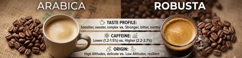 Arabica coffee Bean vs The Robusta coffee bean showing the diggerences in taste profile caffeine and origin