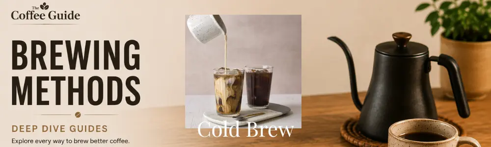 Cold Brewing coffee methos showing two glasses of cold brew coffee poured from a white china jug