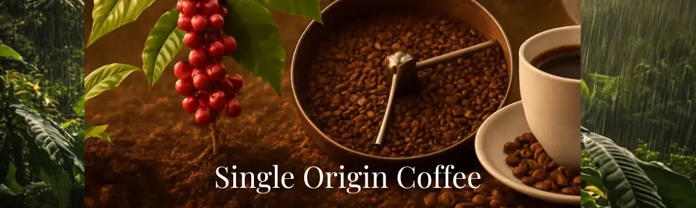 single origin coffee red coffee cherries with a roasting tray and a cup of single origing coffee
