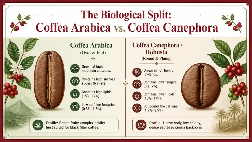 Technical infographic chart with a Deep Cherry Red border comparing the bean morphology, caffeine weight, sugar percentages, and lipid levels of Arabica and Robusta coffee species