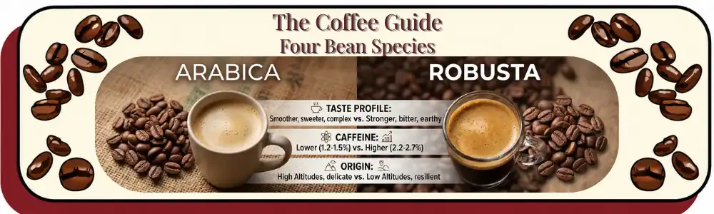 Four Beans Species - Arabica coffee Bean vs The Robusta coffee bean showing the diggerences in taste profile caffeine and origin