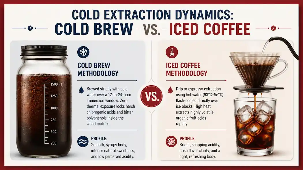 Technical infographic diagram with a Deep Cherry Red border comparing the extraction temperatures, steep times, and flavor profiles of cold brew and iced coffee