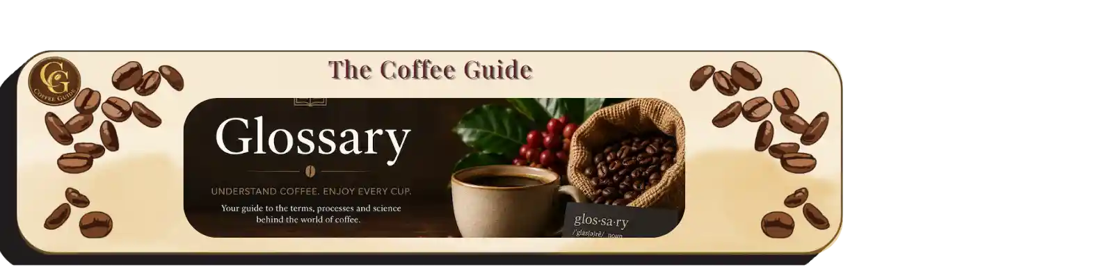 the Glossary header with a bag of coffee beans spilling out by a beigr coloured coffee cup