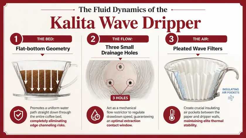 Technical infographic chart with a Deep Cherry Red border detailing the flat-bottom geometry, three drainage holes, and pleated filters of the Kalita Wave coffee dripper