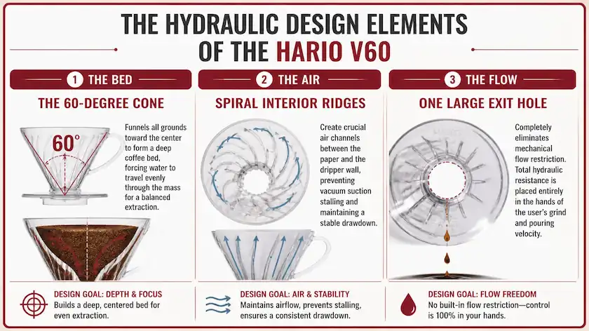Technical infographic chart with a Deep Cherry Red border detailing the 60-degree cone, spiral interior ridges, and large exit hole of the Hario V60 coffee dripper