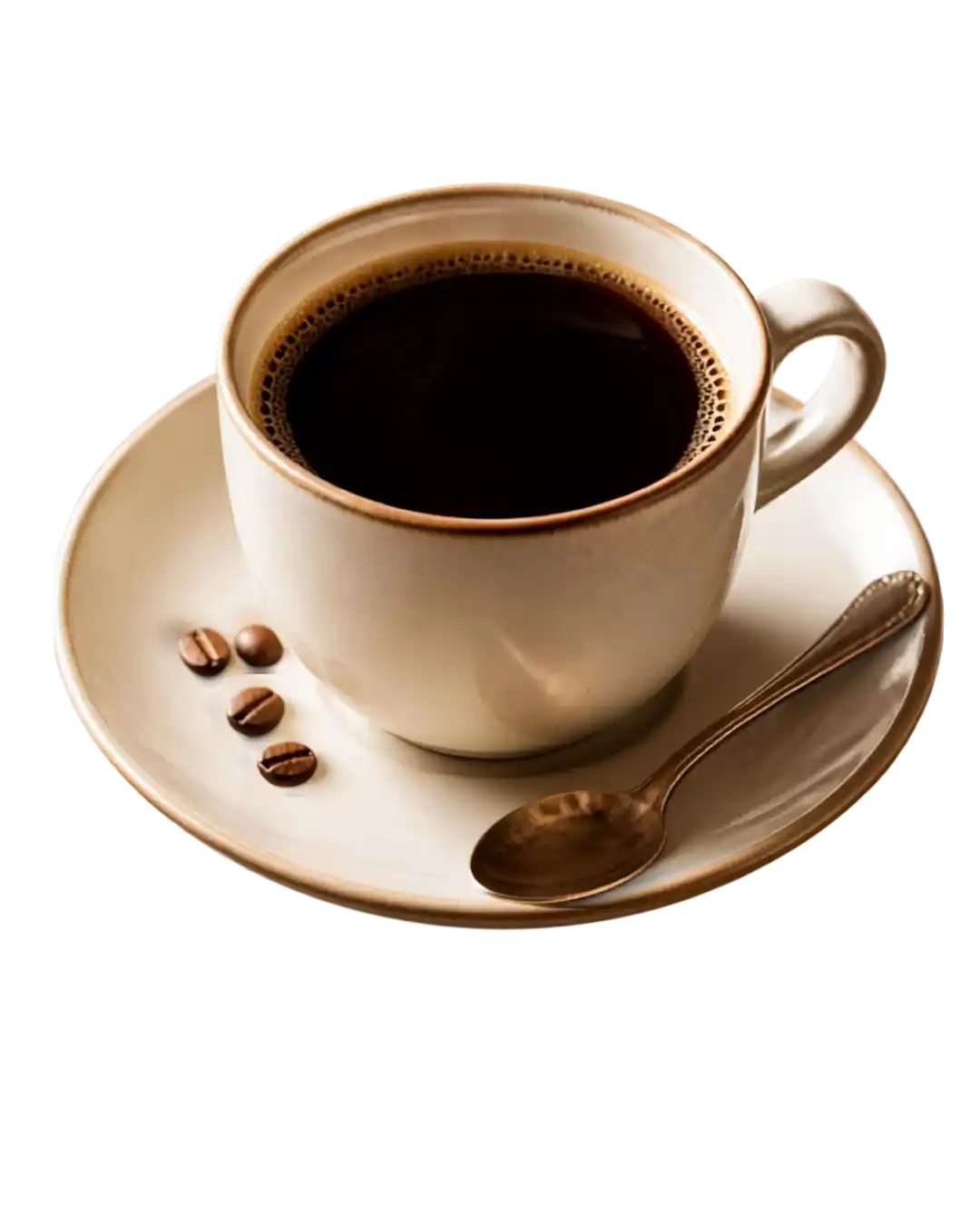 A cup of black coffee in a off white cup and saucer with a teaspoon and a few coffee beans scattered in the saucer