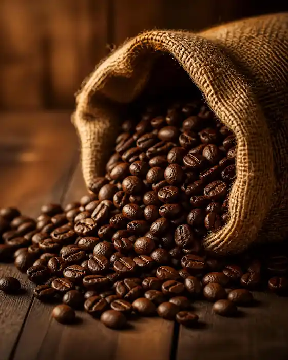 a sack of decaf coffee beans spilling out onto the floor