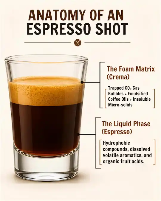 Scientific cross section diagram showing the chemical composition of espresso crema gas bubbles and liquid phases