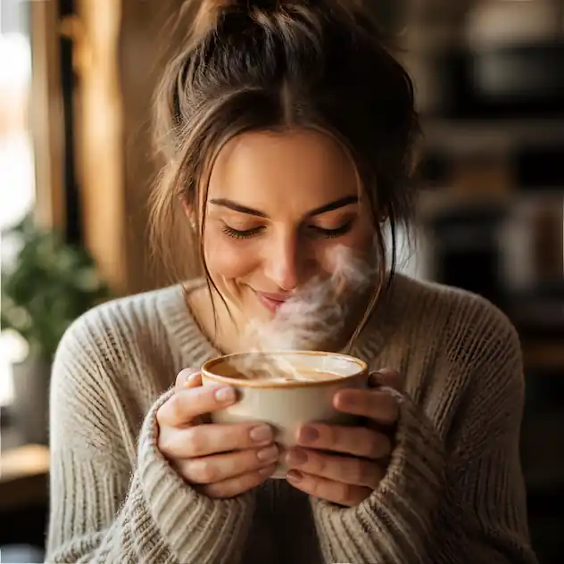 A lady enjoying the coffee smell with a pleasant expression and visible steam rising from the cup.