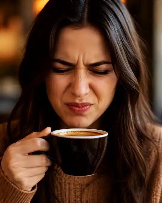 A lady holding a cup of coffee screwing her face up thinking why does my coffee taste bitter