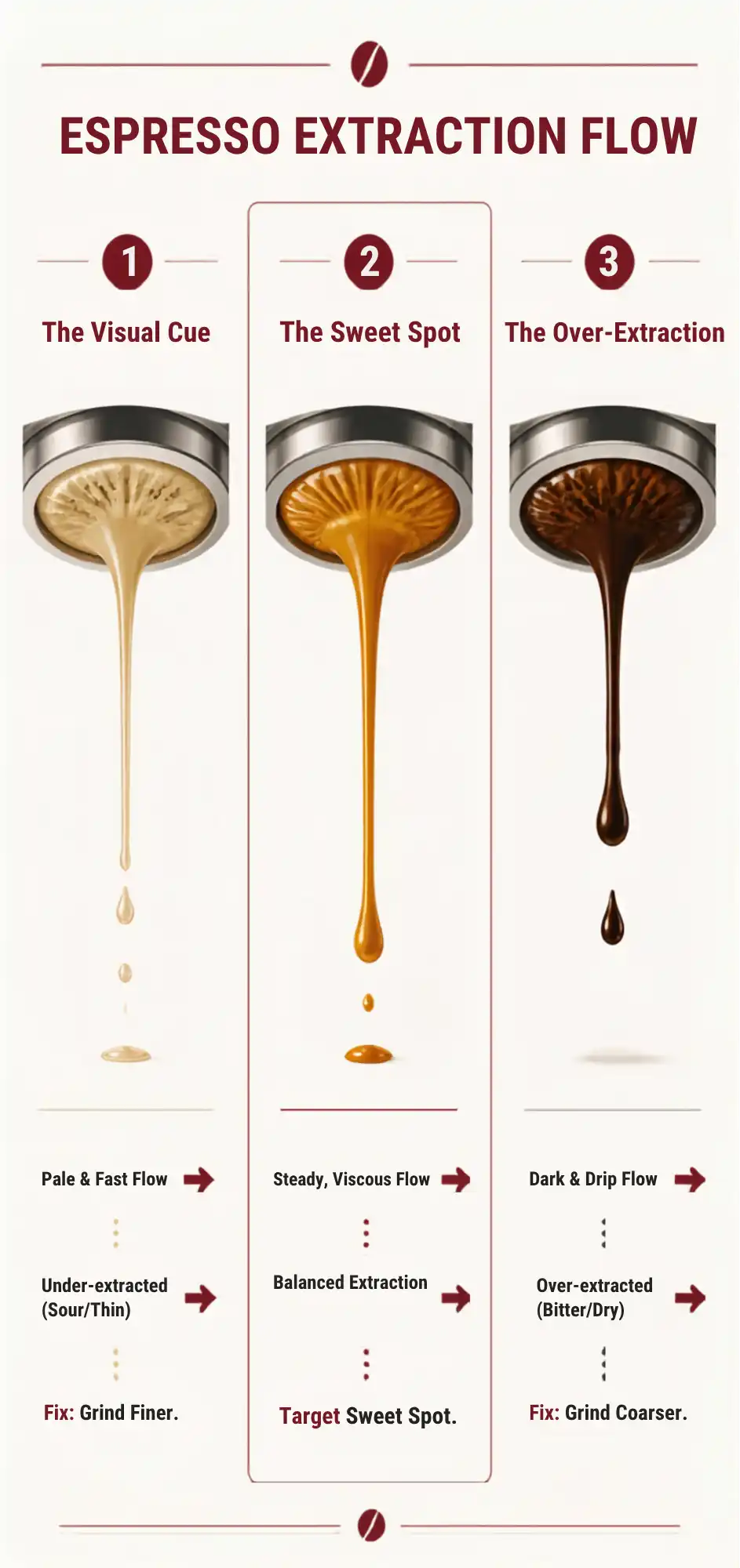 Technical troubleshooting chart displaying pale fast flow vs steady viscous flow vs dark slow espresso extraction variables at The Coffee Guide