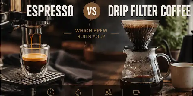 espresso vs drip filter showing an espresso machine dropping a shot into a glass tumblar and a drip filter coffee machine
