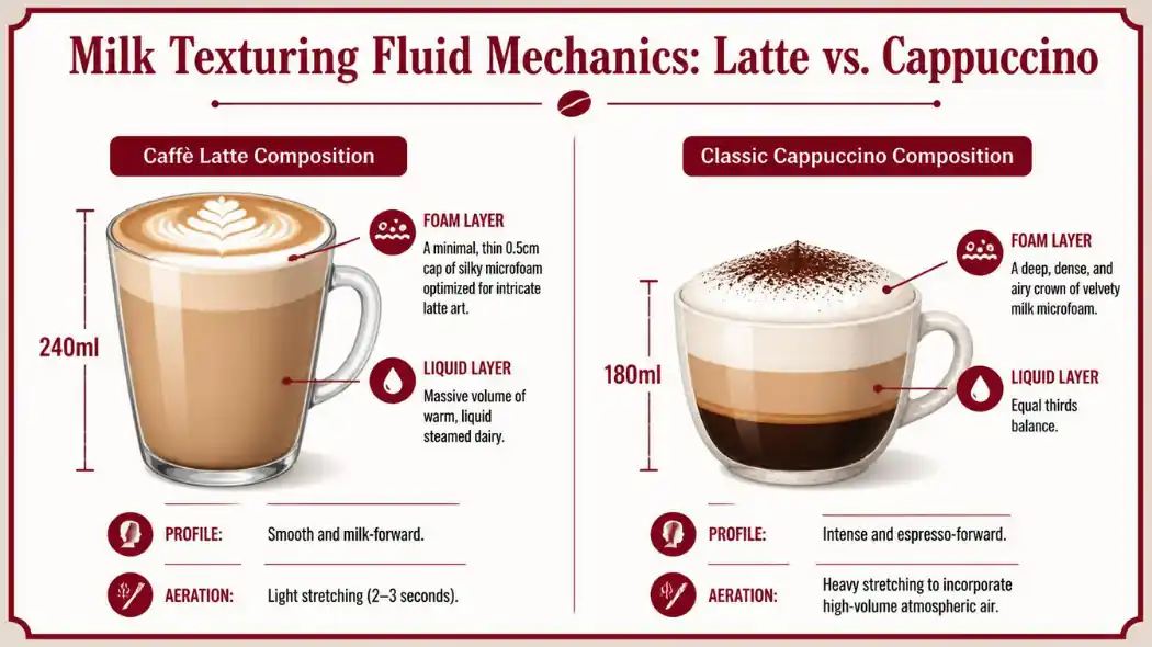 Technical infographic diagram with a Deep Cherry Red border comparing the fluid proportions, milk aeration, and foam thickness of a latte vs cappuccino