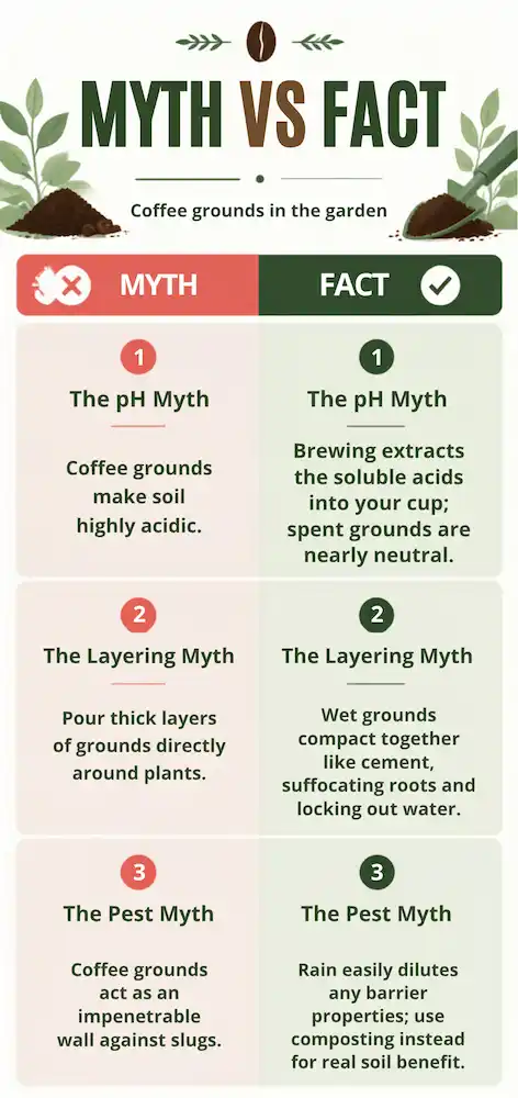 Myth versus fact matrix chart debunking common gardening misconceptions about recycling spent coffee grounds