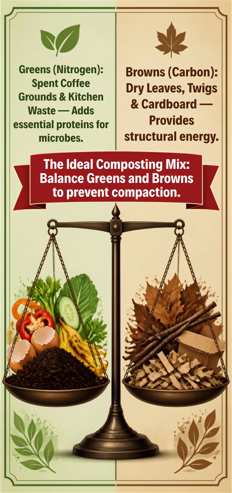 Composting infographic chart explaining how to balance nitrogen-rich spent coffee grounds with carbon-rich brown leaves at The Coffee Guide