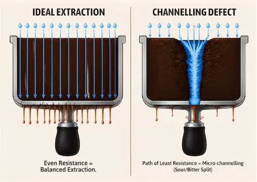 Infographic illustration of fluid dynamics comparing an even water extraction flow to a channelling defect inside an espresso portafilter