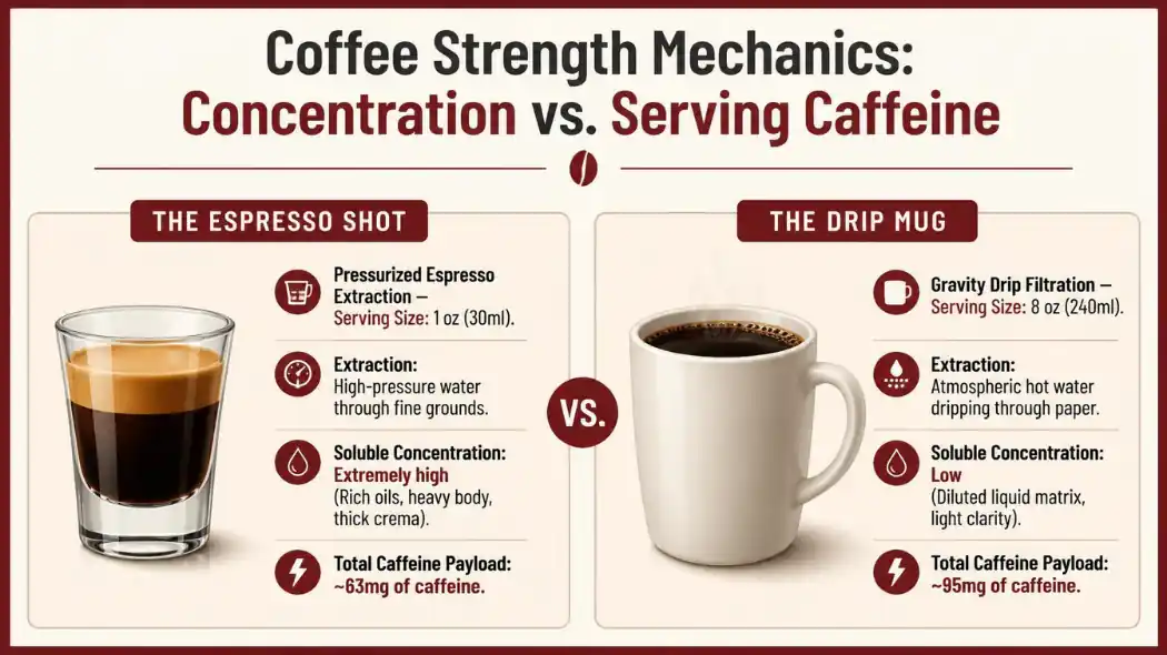 Technical infographic diagram with a Deep Cherry Red border comparing the fluid concentration volumes and total caffeine metrics of espresso vs drip coffee